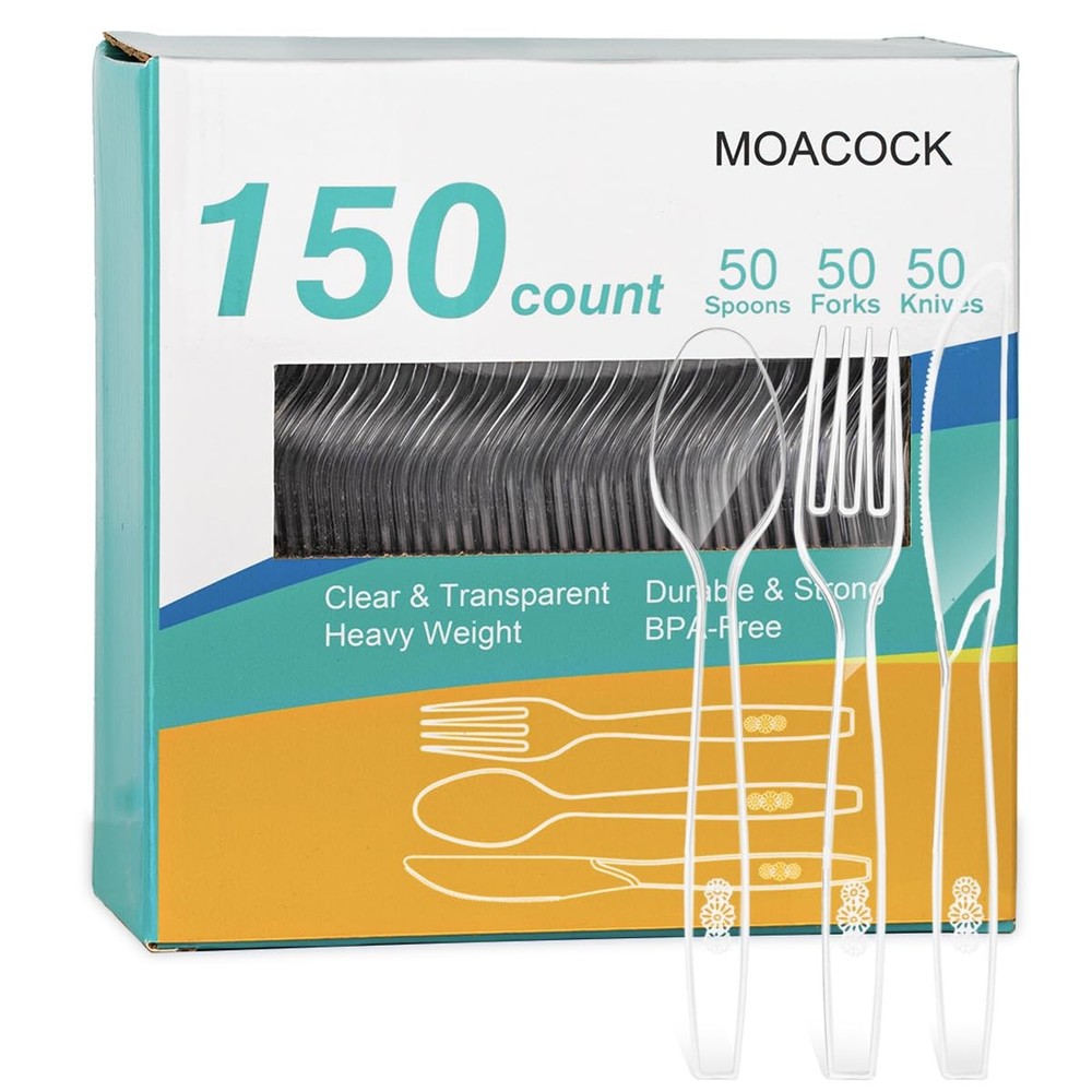 MOACOCK 150 Pcs Clear Plastic Silverware, Heavy Weight Forks L,