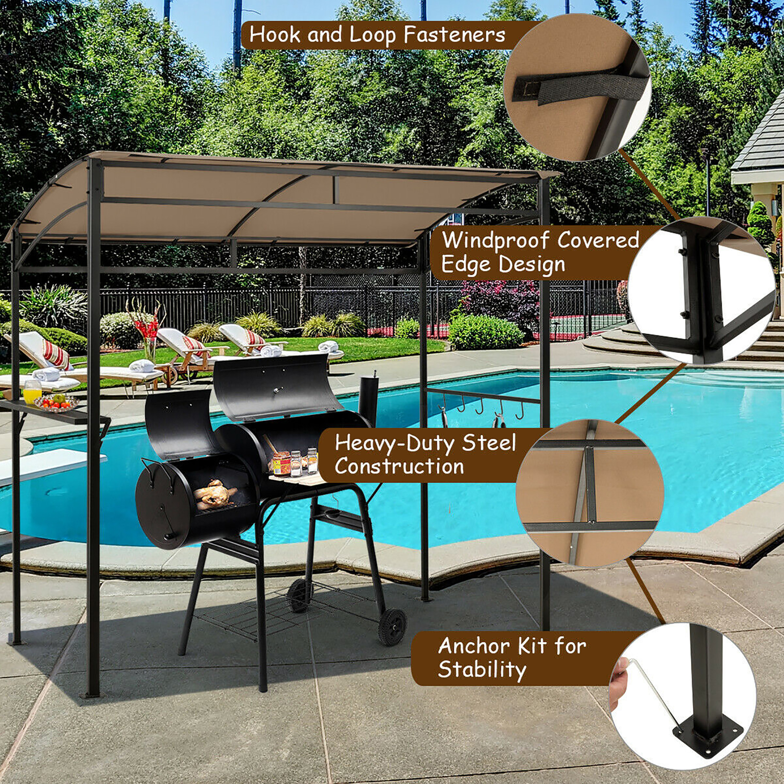 7'x4.5' Grill Gazebo Outdoor Patio Garden BBQ Canopy Shelter Storage Hook Brown