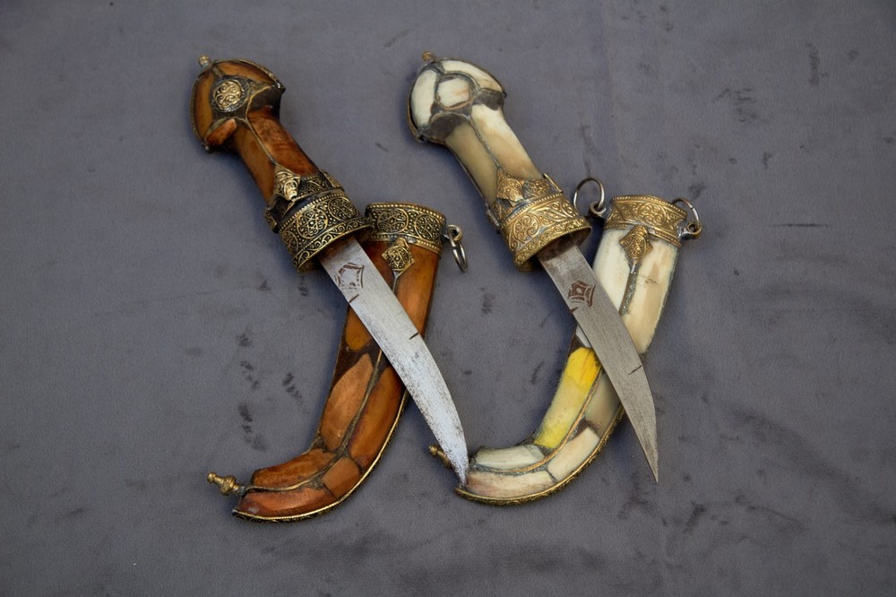 Vintage Moroccan Handmade Khanjar Brown Bone Camel & Brass Engraved Dagger