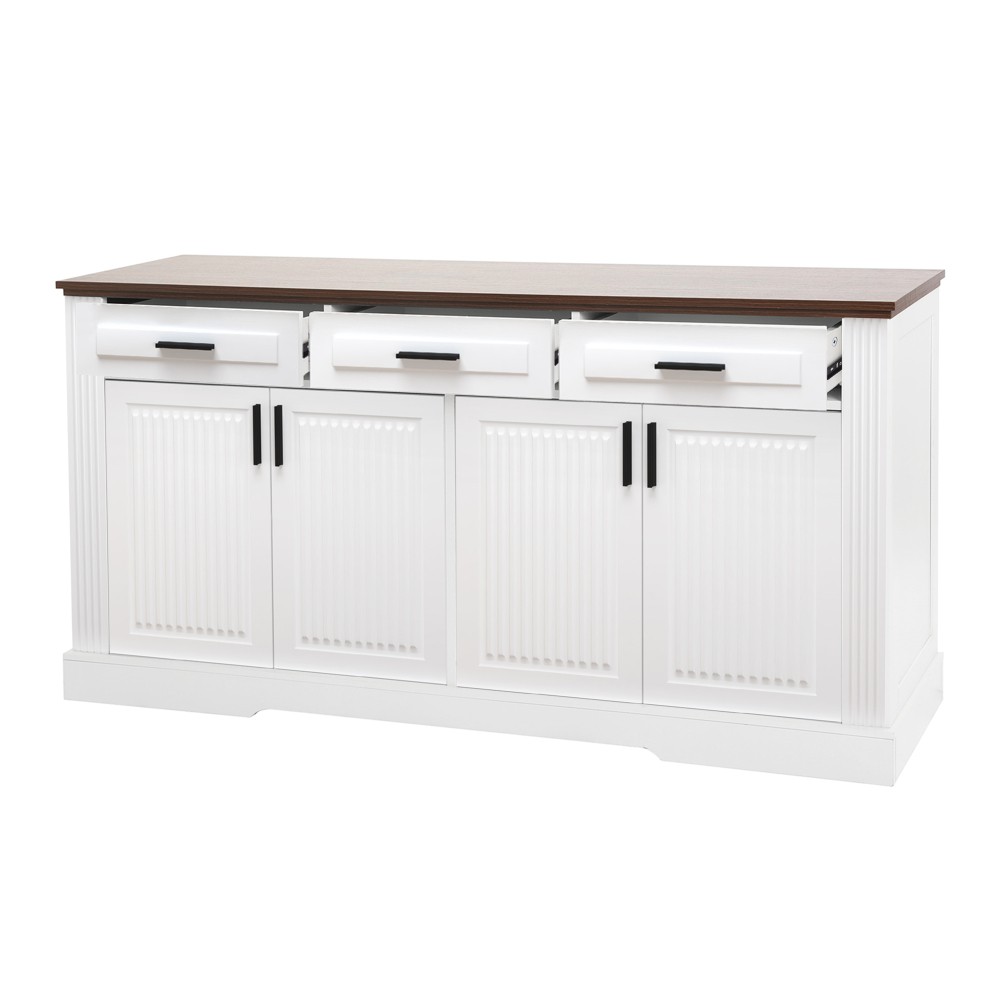 White 63" Buffet Cabinet, Fluted Sideboard w/ 4 Doors 3 Drawers