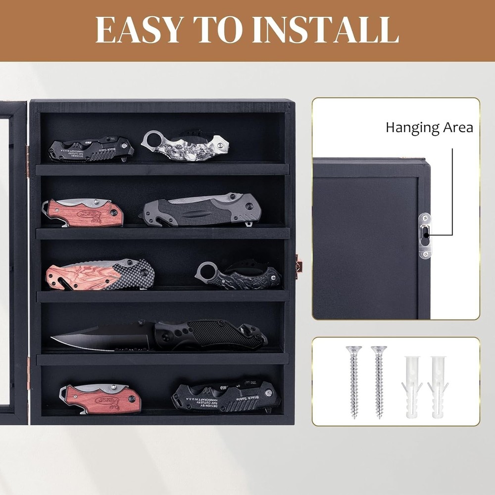 Wall Mounted Wooden Knife Display Case, Four Replaceable Single Grooves, Deta...