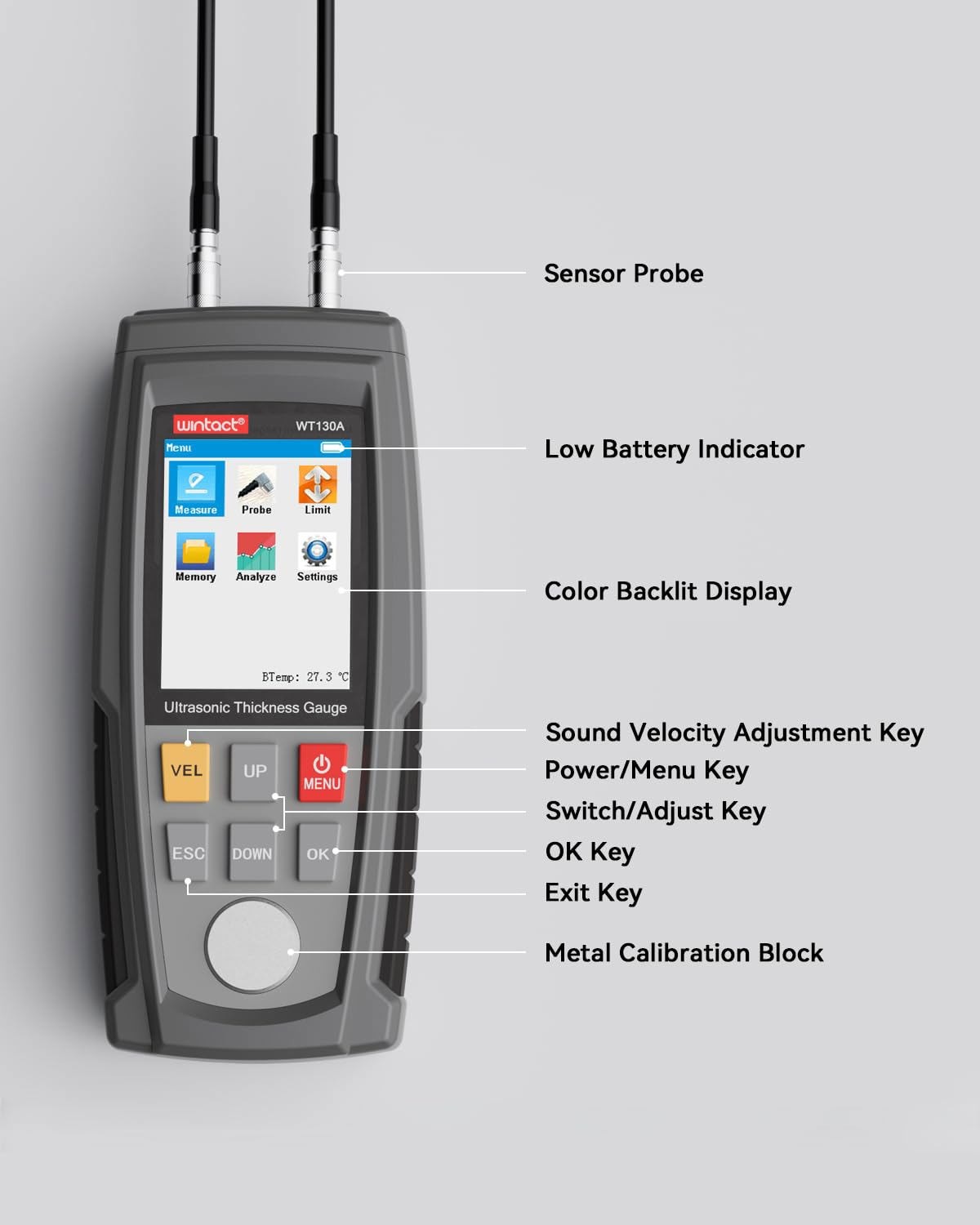 Digital Ultrasonic Thickness Gauge Tester 0.039 to 11.81 in For Metal Cast Iron