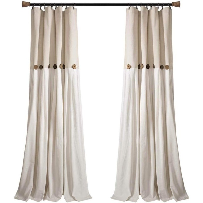 Faux Cotton Button Window Curtain Rustic Farmhouse Decor Light Filtering Panel