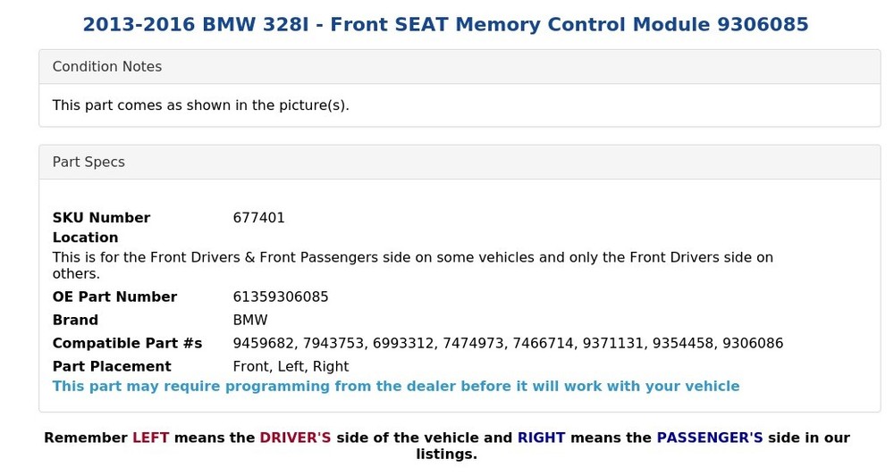 2013-2016 BMW 328I - Front SEAT Memory Control Module 9306085