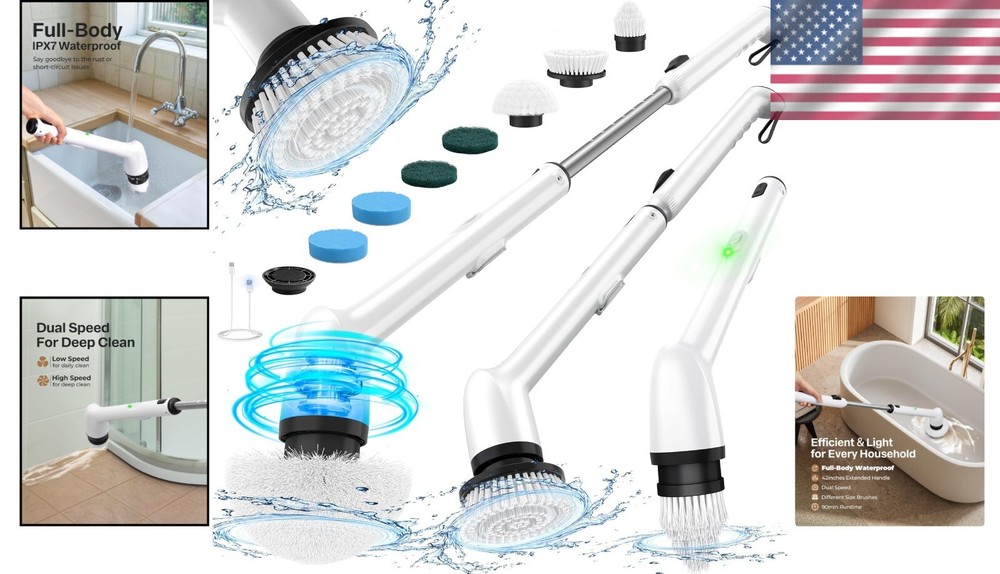 Full-Body Waterproof Spin Scrubber with 3-Length Handle & Replaceable Brushes