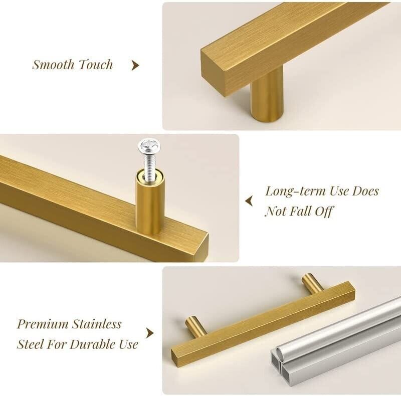 20 Pcs Gold Brass Brushed Square Modern Cabinet Handles Pulls Kitchen Hardware