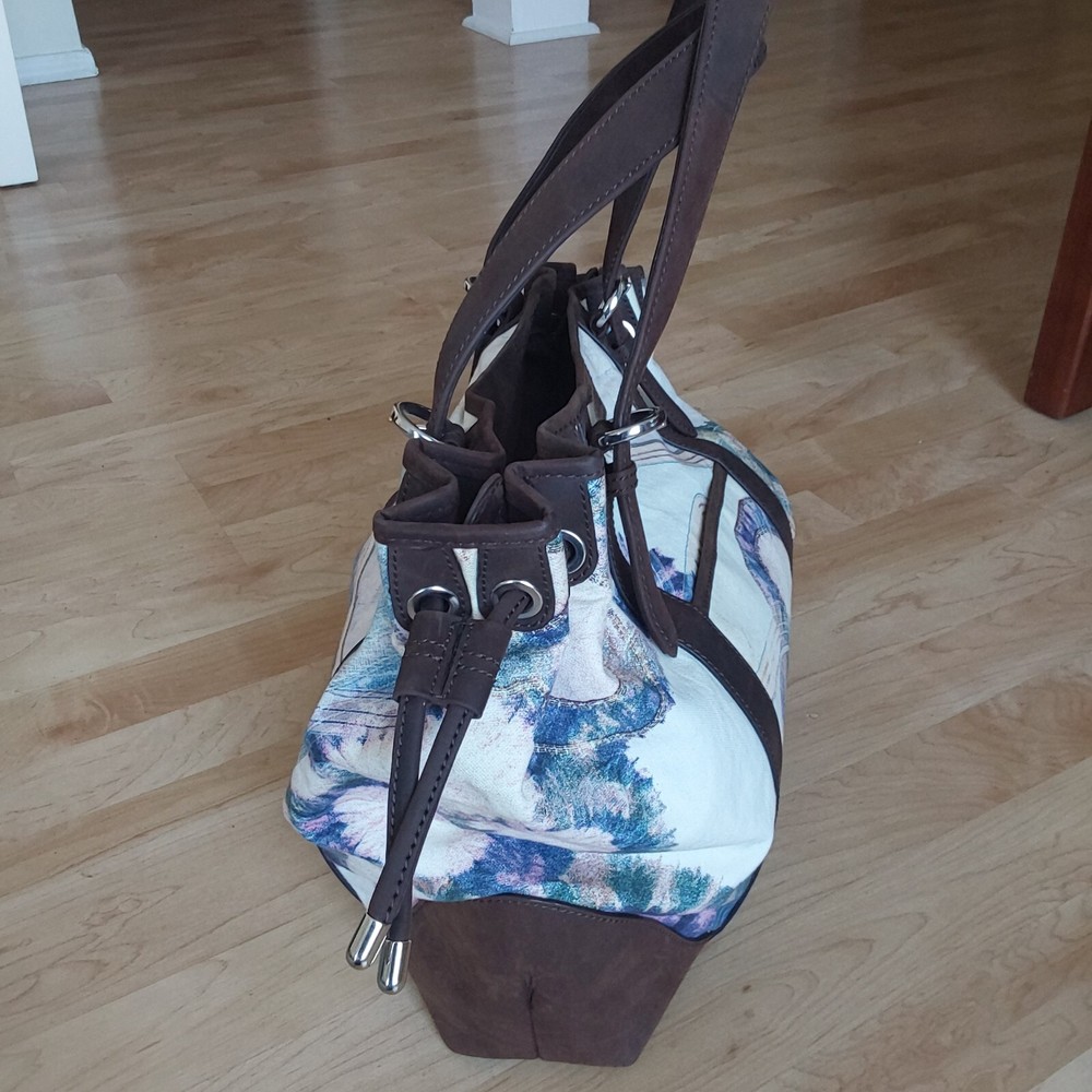 Louis Cardini Zip Top patterned Canvas Double Handle Tote stud feet bottom