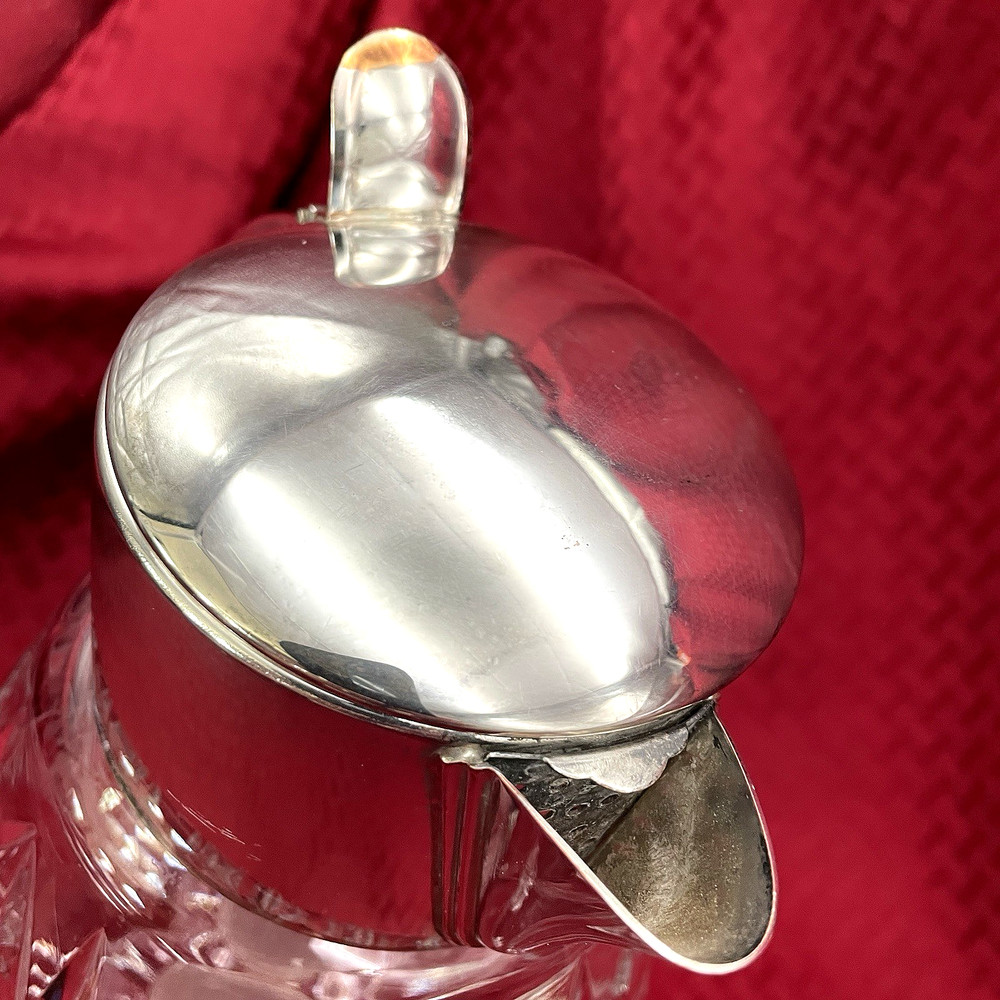 VINTAGE LARGE CRYSTAL COOLING PITCHER SILVER HANDLE AND LID