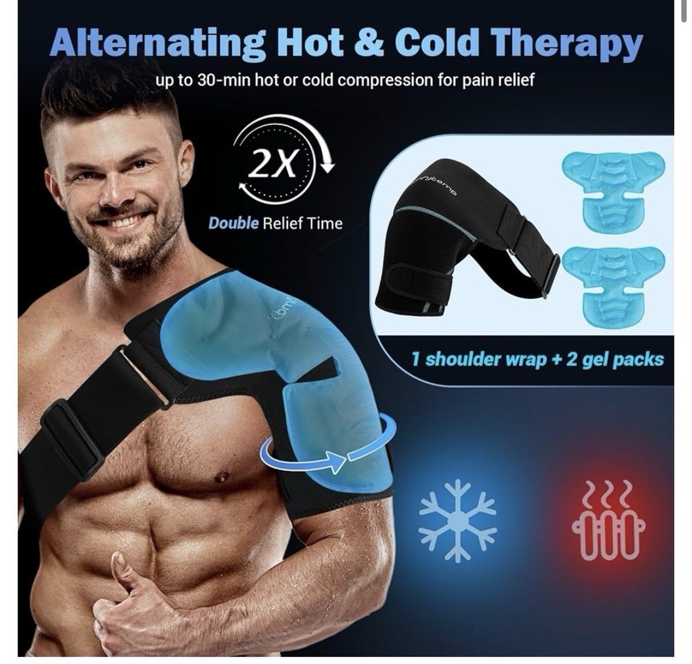Comfytemp Shoulder Ice Pack Wrap Reusable Adjustable w/ 2 Gel Packs Black Blue