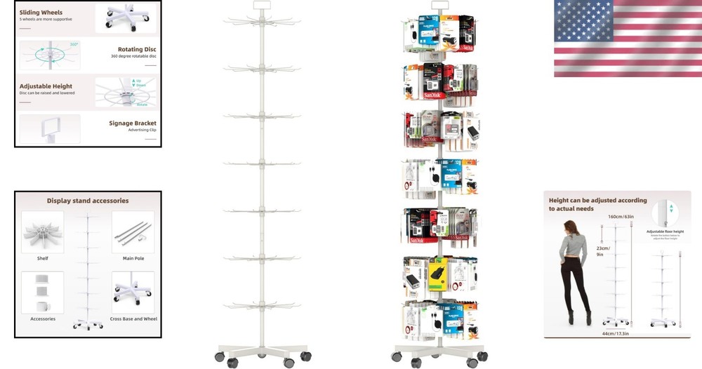 Upgraded 7 Tier Spinner Rack Movable Retail Display Stand White