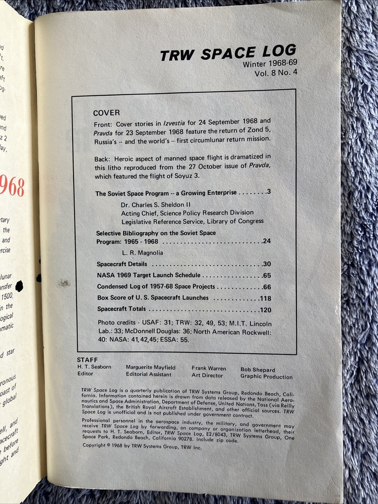 Original TRW Space Log - Winter 1968-69
