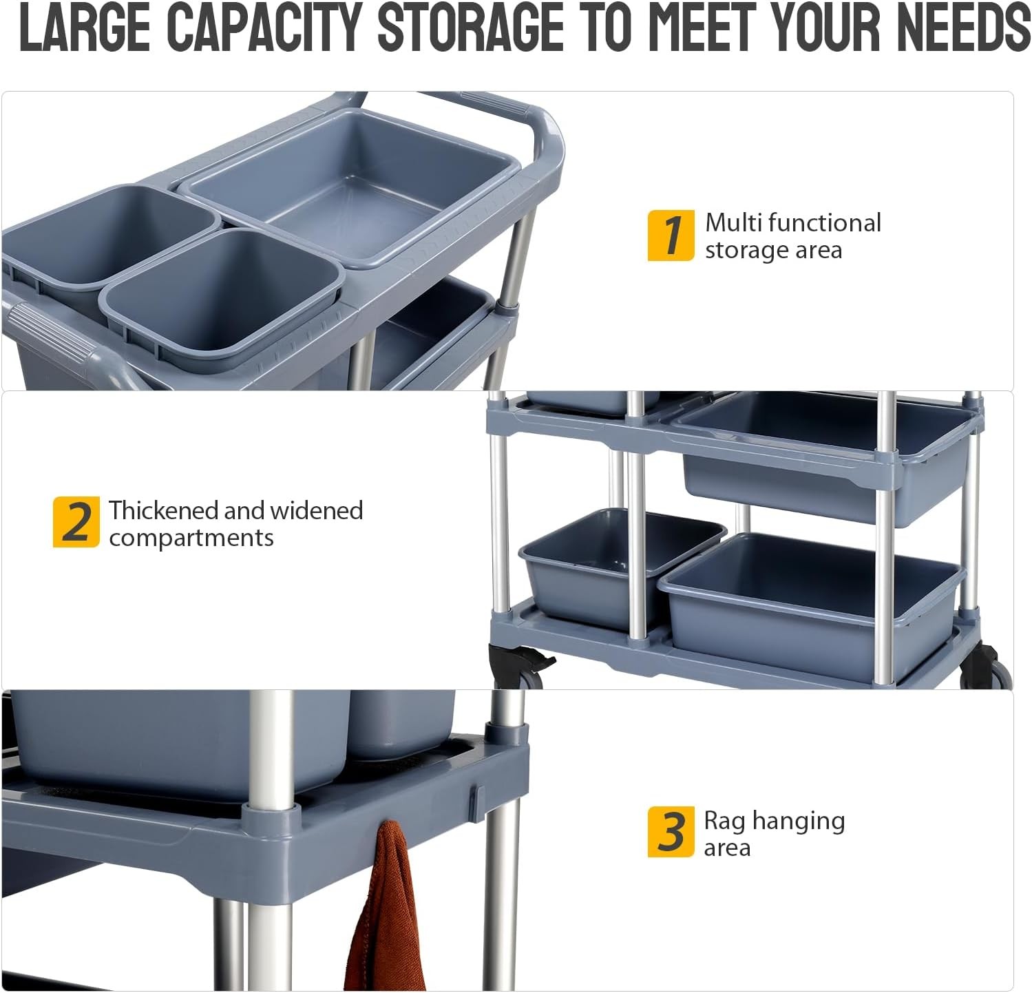 3-Tier Plastic Service Storage Utility Cart with Wheels and Large Storage Space