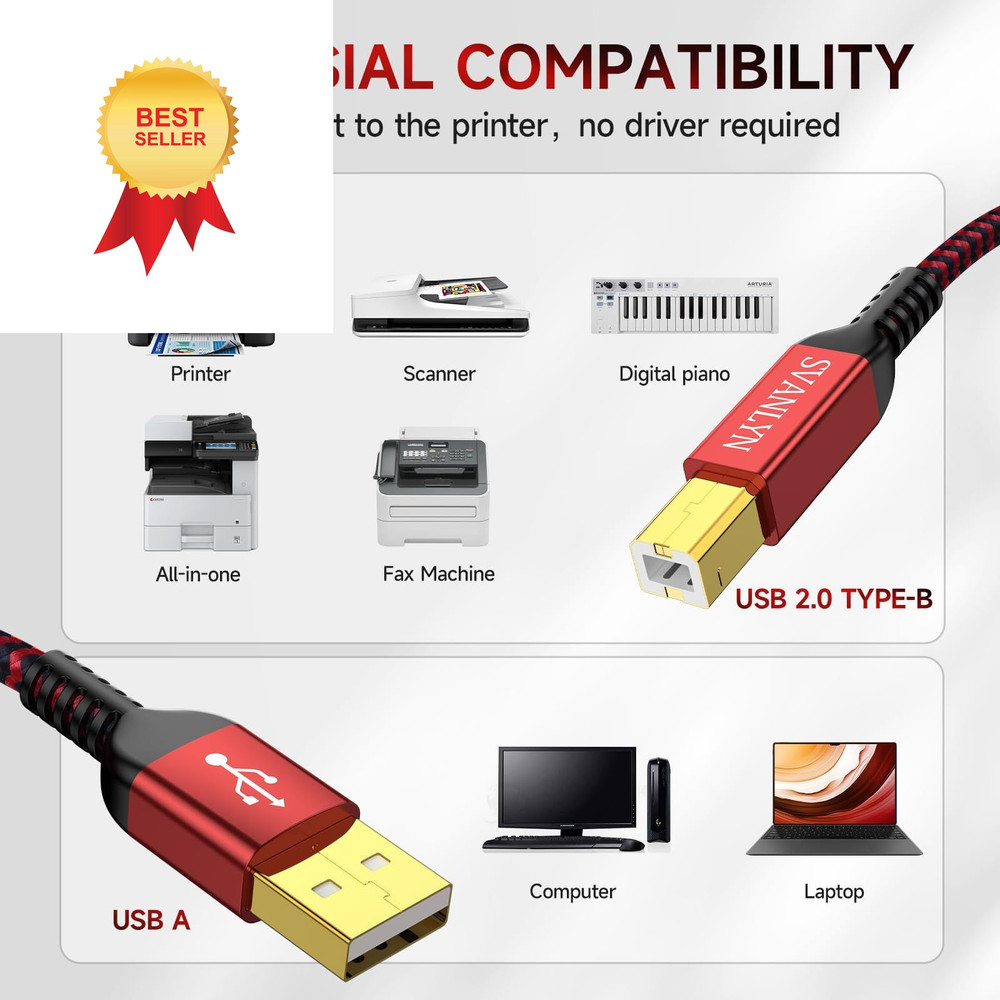 SVANLYN Printer Cable 20 FT, USB A to B 2.0 20FT, Red