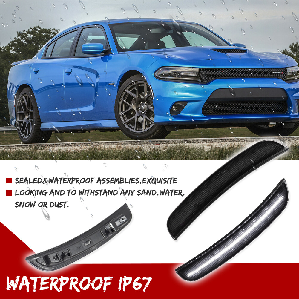 For 2015-2022 Dodge Charger Front & Rear LED Side Bumper Marker Smoked White LED