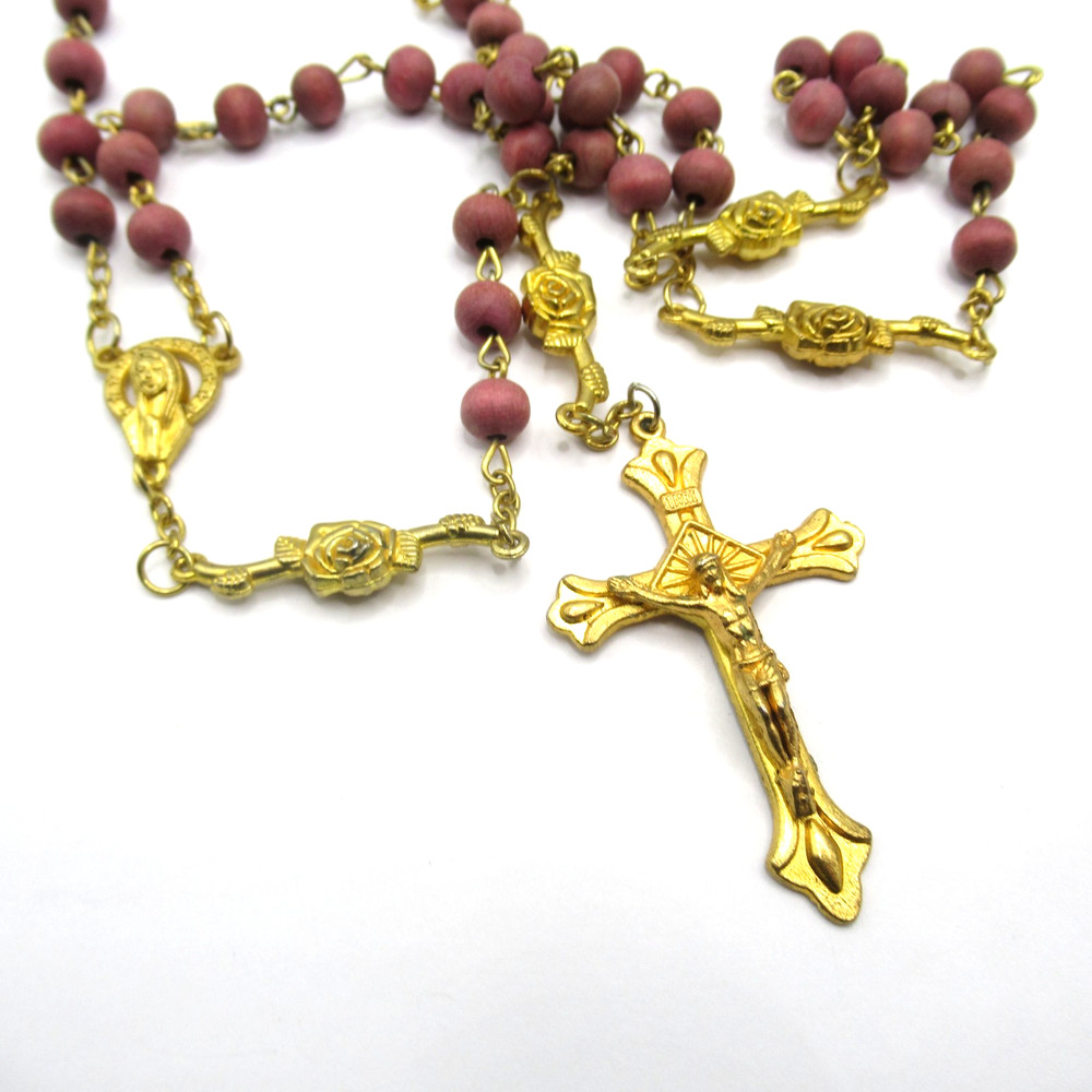 Mauve Beaded Rosary Cross Roses Vintage