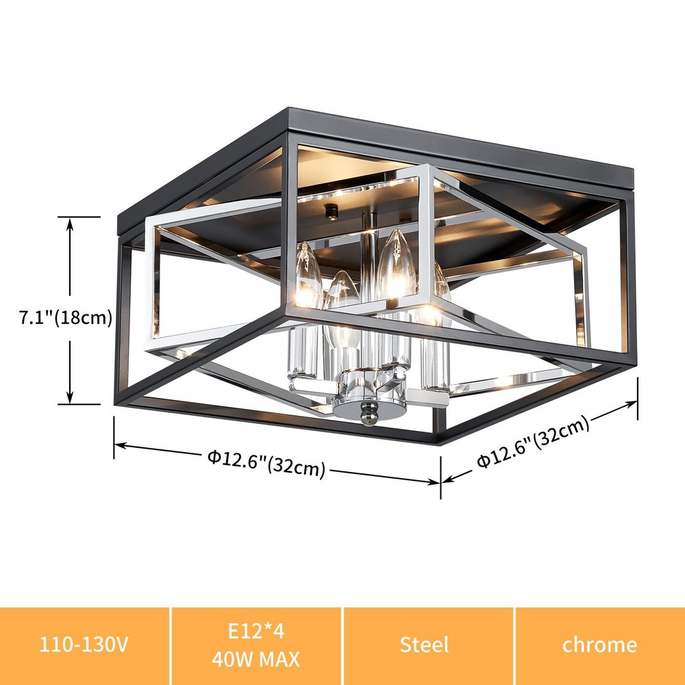 Square Ceiling Light, 4-Light Flushmount Modern Close to Ceiling Light Fixtur...