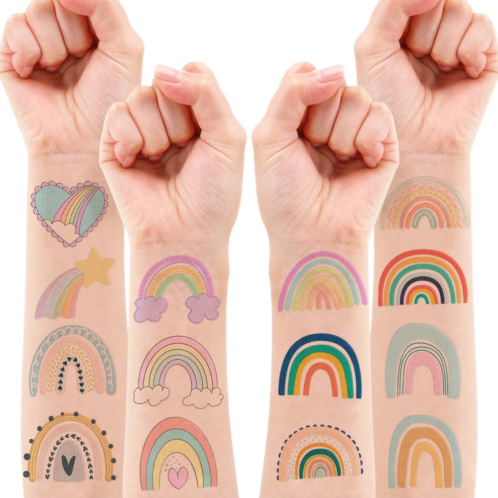 60 PCS Pastel Rainbow Pre-Cut Temporary Tattoos Sticker Medium, Multicolor