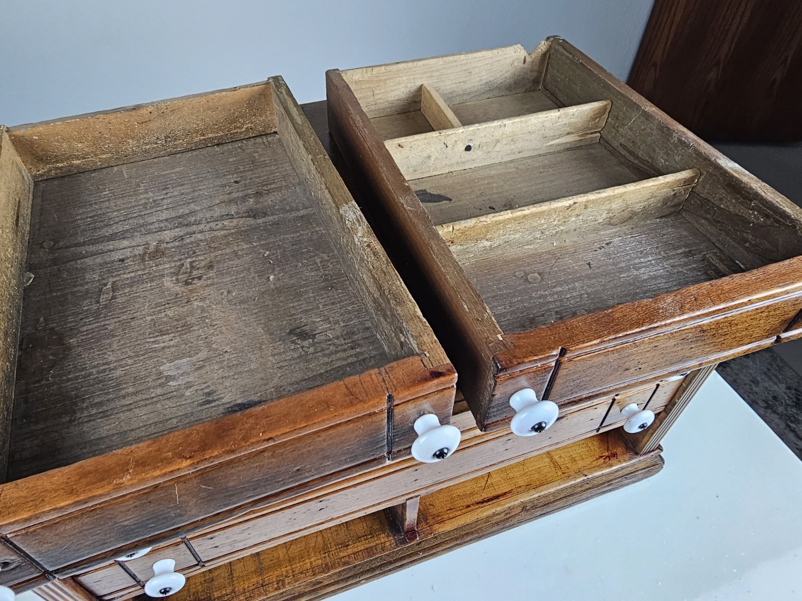 Vintage Wooden Spool Cabinet Craft Sewing Box Organizer Drawers Rustic Storage