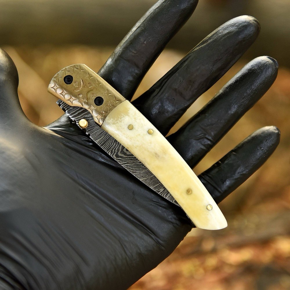 Handmade Damascus Steel Best Dagger Folding Blade Pocket Knife - Camel Bone