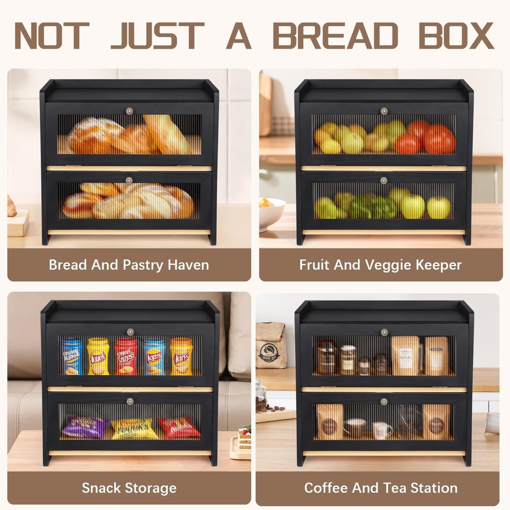 VEDALIO Bread Box For Kitchen Countertop, Black Breadbox, Bread Boxes for Kitche