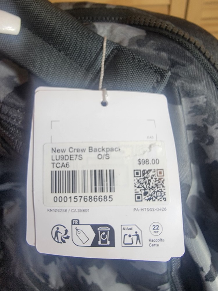 Lululemon New Crew Backpack 22L Black Camo