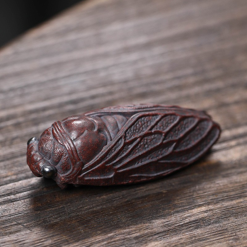 6cm Yixing Purple Clay Handcarved Cicada Statue Tea Pet Auspicious Ornament