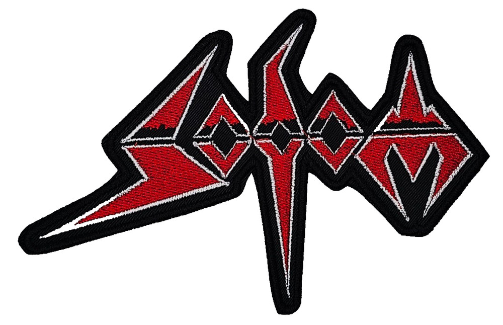 SODOM RED AND WHITE LOGO (shaped border) EMBROIDERED PATCH