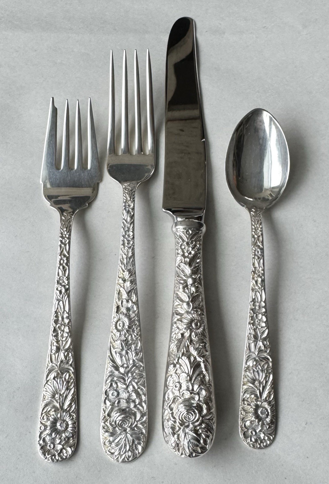 Vintage Kirk & Son Repoussé 4-Pc Place Setting Sterling Flatware Repousse