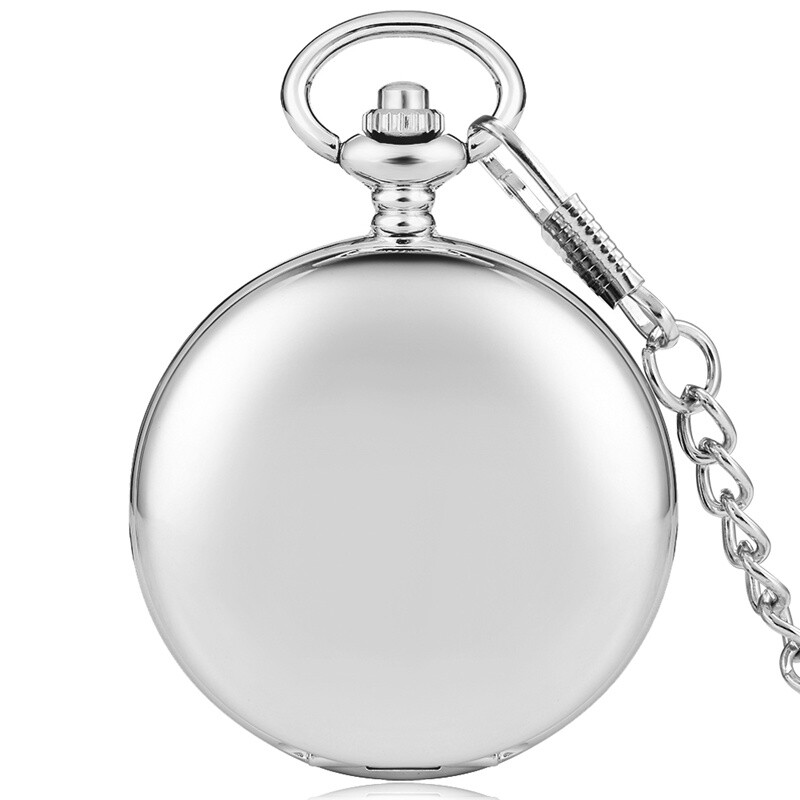 Silver Smooth Quartz Pocket Watch Roman Numerals Dial Fob Chain for Men Women