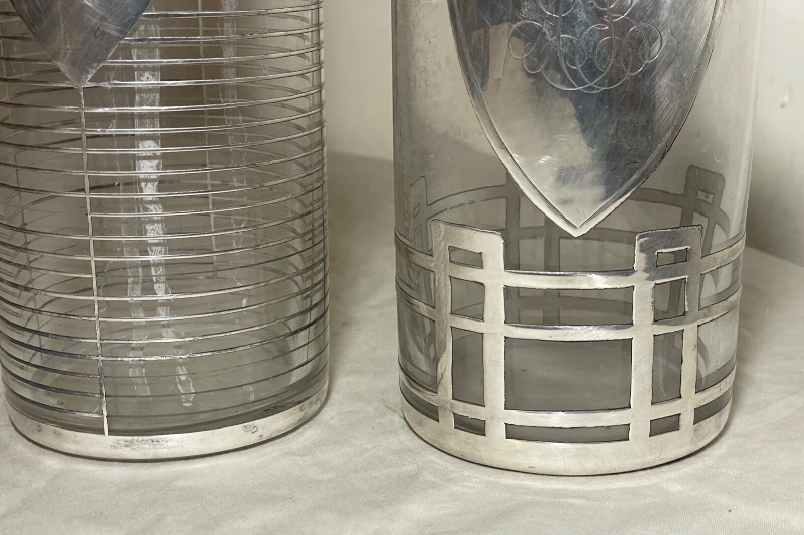 pair antique ornate sterling silver overlay glass liquor claret decanter bottle