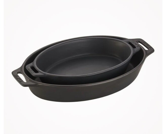 Staub Ceramic Oval 2-pc Nesting Baking Dish Set Gratin Casserole; Black Matte