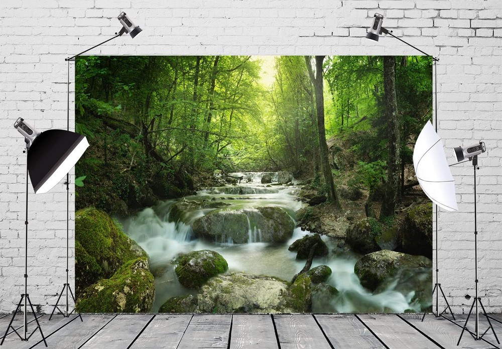 7x5ft Fabric Forest Waterfall Backdrop Rocks Moss Background Tropical Portrait