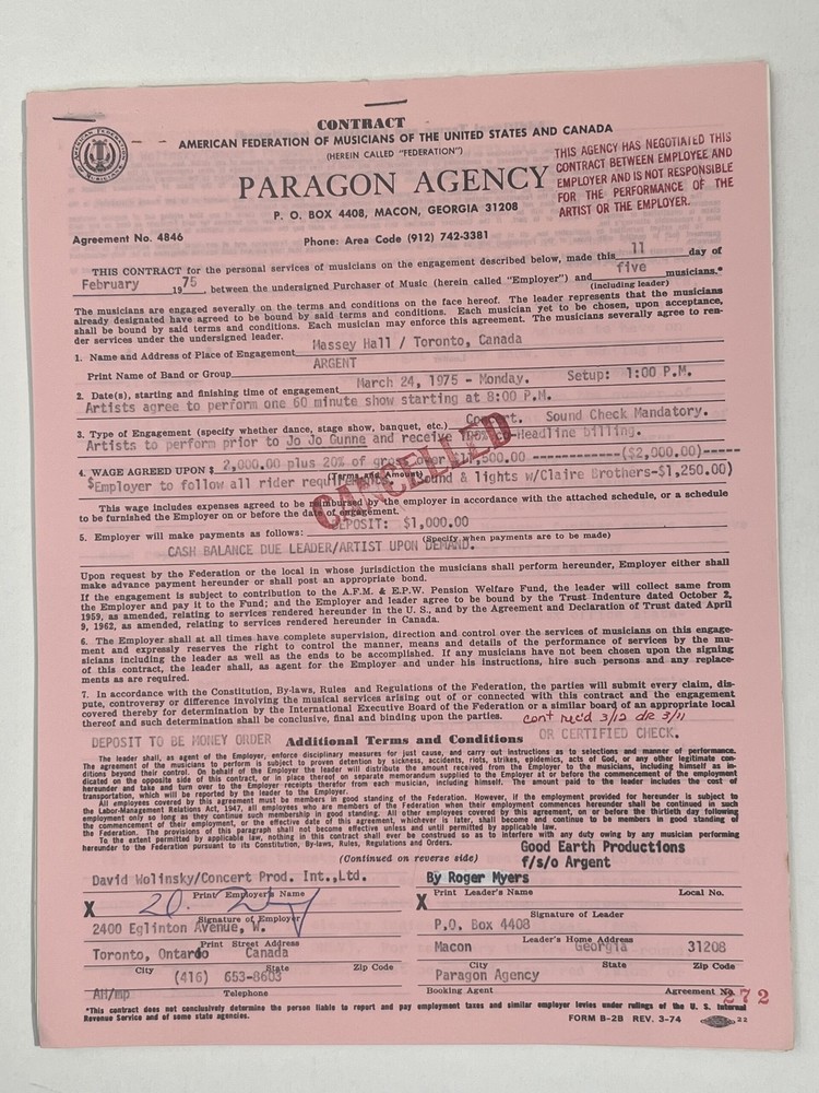 Argent Cancelled Concert Contract 1975 Toronto Canada