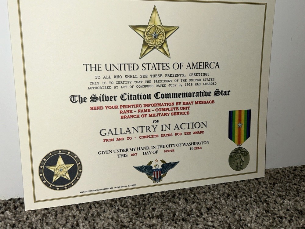 WW1 - SILVER CITATION COMMEMORATIVE CERTIFICATE ~ CUSTOM PRINTING T-1