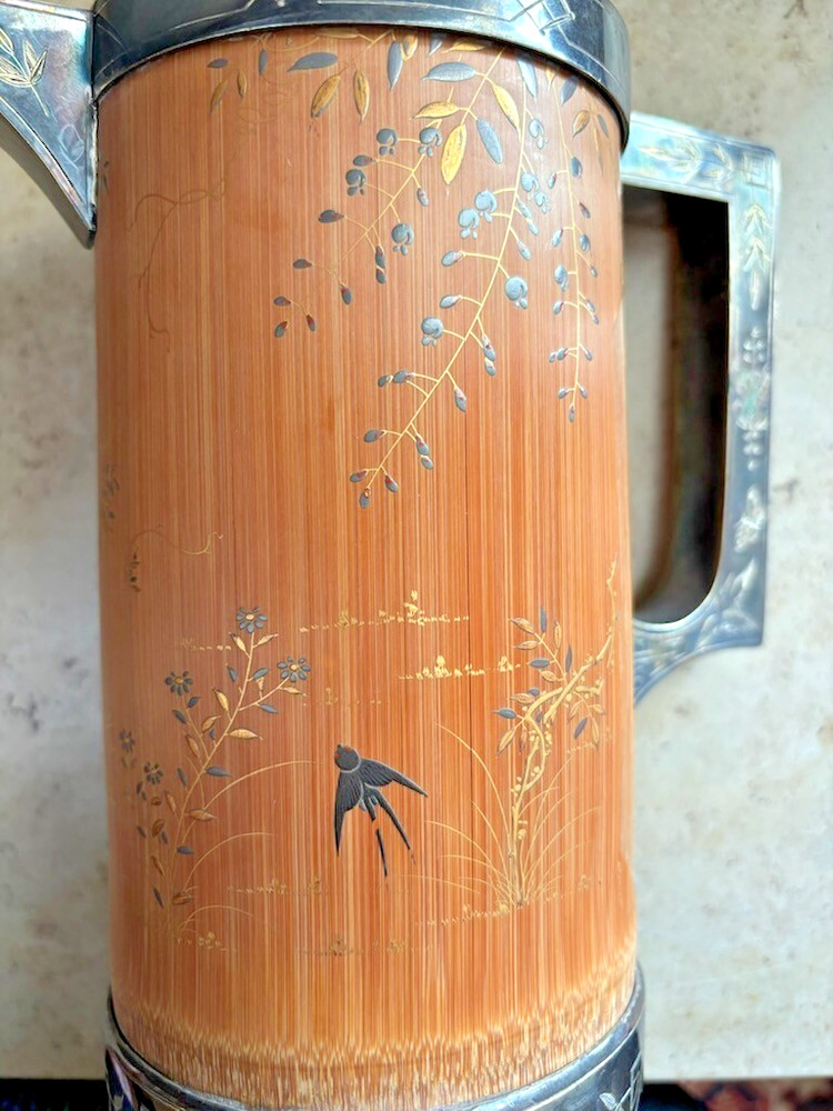 AESTHETIC MOVEMENT SILVER AND CARVED BAMBOO PITCHER