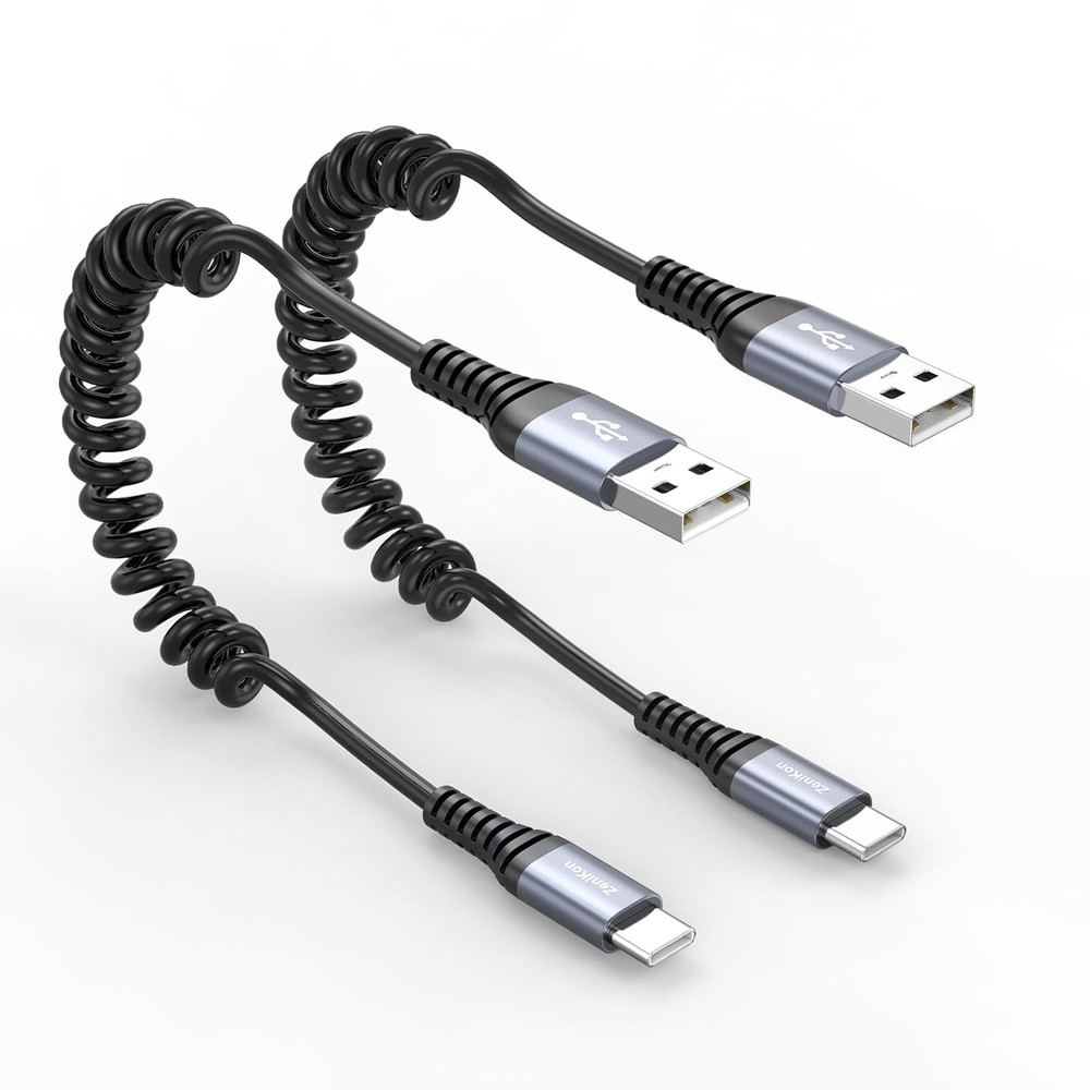 USB a to USB C Coiled Cable 3FT 2-Pack, Coiled USB C Cable for Car Fast Charging