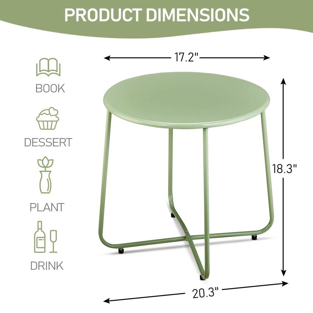 Patio Small Side Table, Waterproof Round Metal Coffee Table, Green