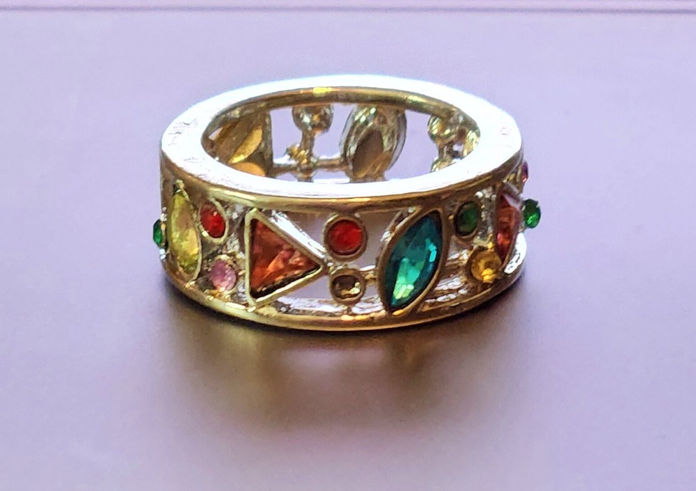 MULTI-COLORED MULTI-STONE SILVER OPEN WORK RING CIGAR BAND SILVER TONE