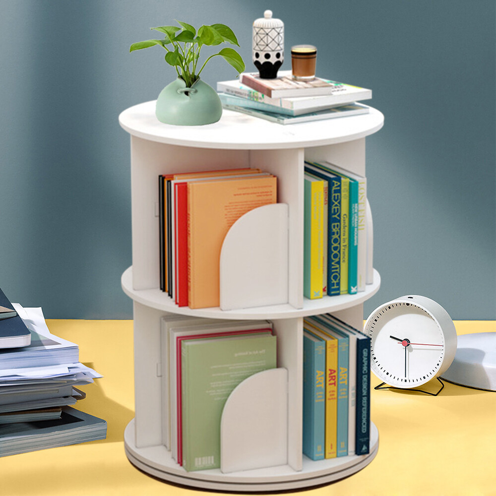 Rotating Bookshelf 360 Display 2 Tier Floor Standing Bookcase Storage Rack