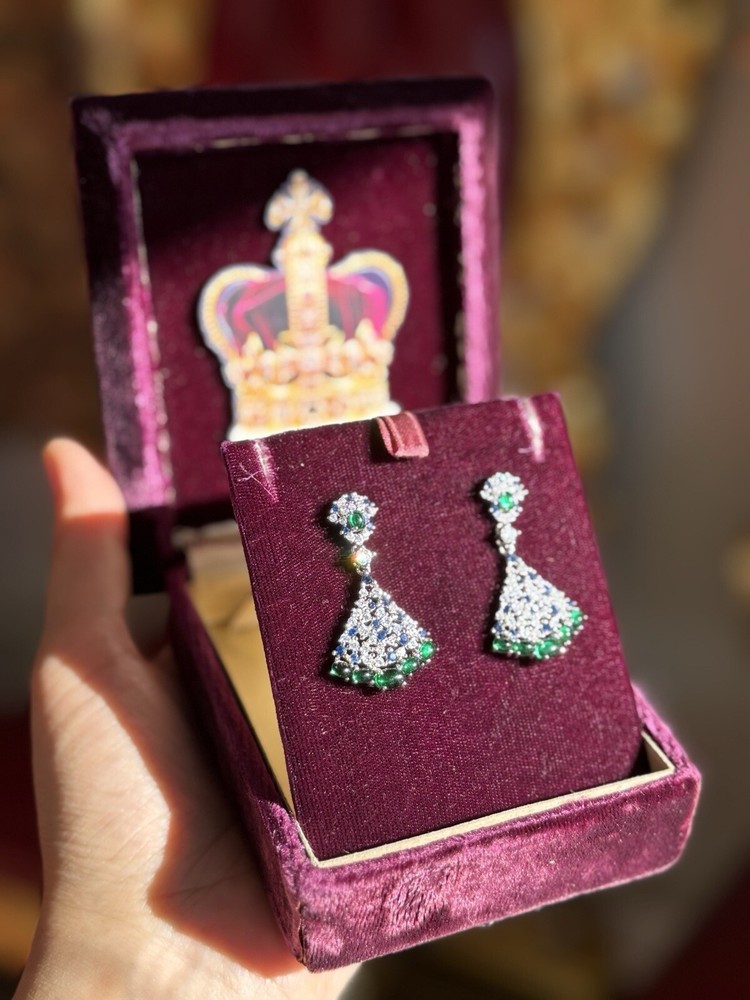 Mesmerizing Dancing Jade Dangle Drop Genuine Emerald Sapphire Earrings