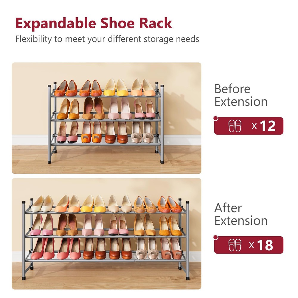 Adjustable 3Tier Expandable Stackable Shoe Rack 2841in Metal Gray