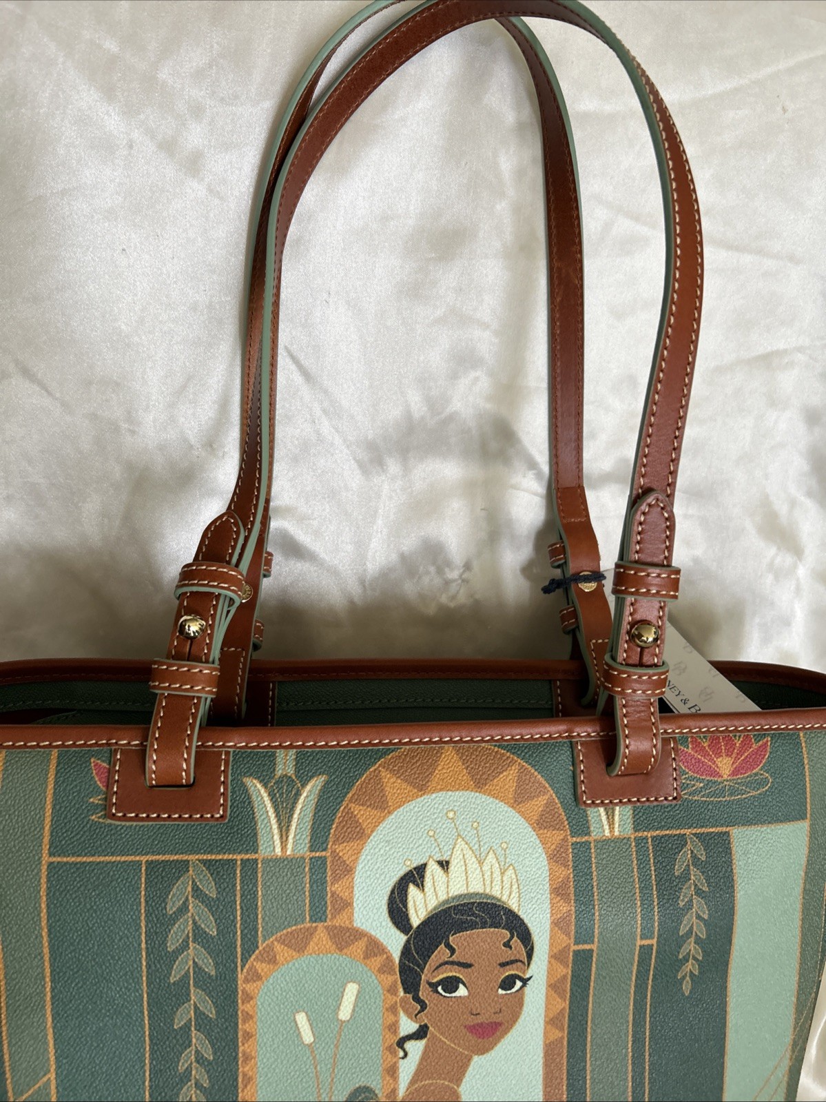 NEW TAGS DISNEY PARKS DOONEY BOURKE PRINCESS TIANA GREEN/BROWN LEATHER TOTE