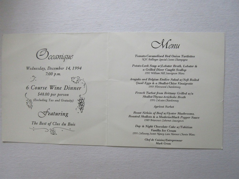 Oceanique 1994 Menu 505 Main St, Evanston, IL
