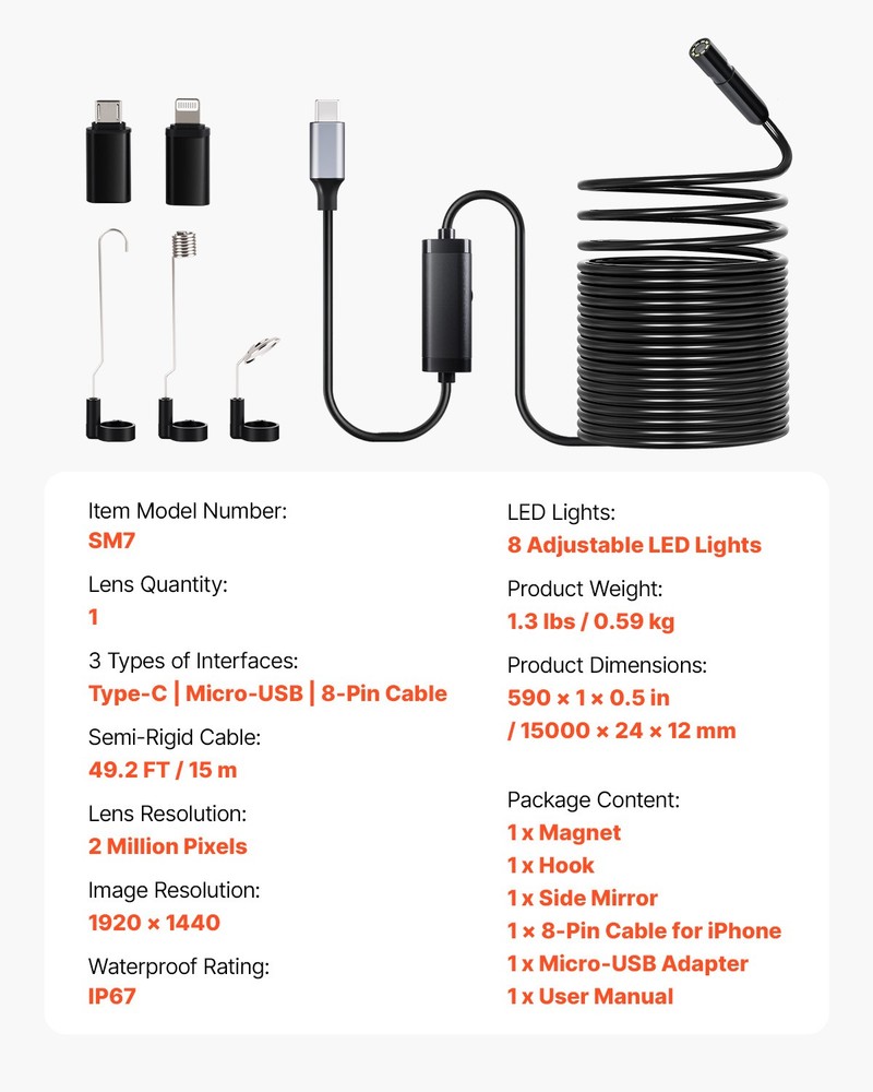 VEVOR Endoscope Camera 1920P HD Borescope for Android & IOS with 49.2FT Cable