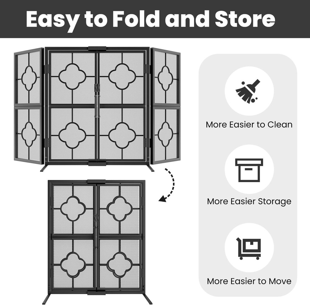 3 Panel Fireplace Screen W/ Doors 48" W x 28" H Foldable Wrought Iron