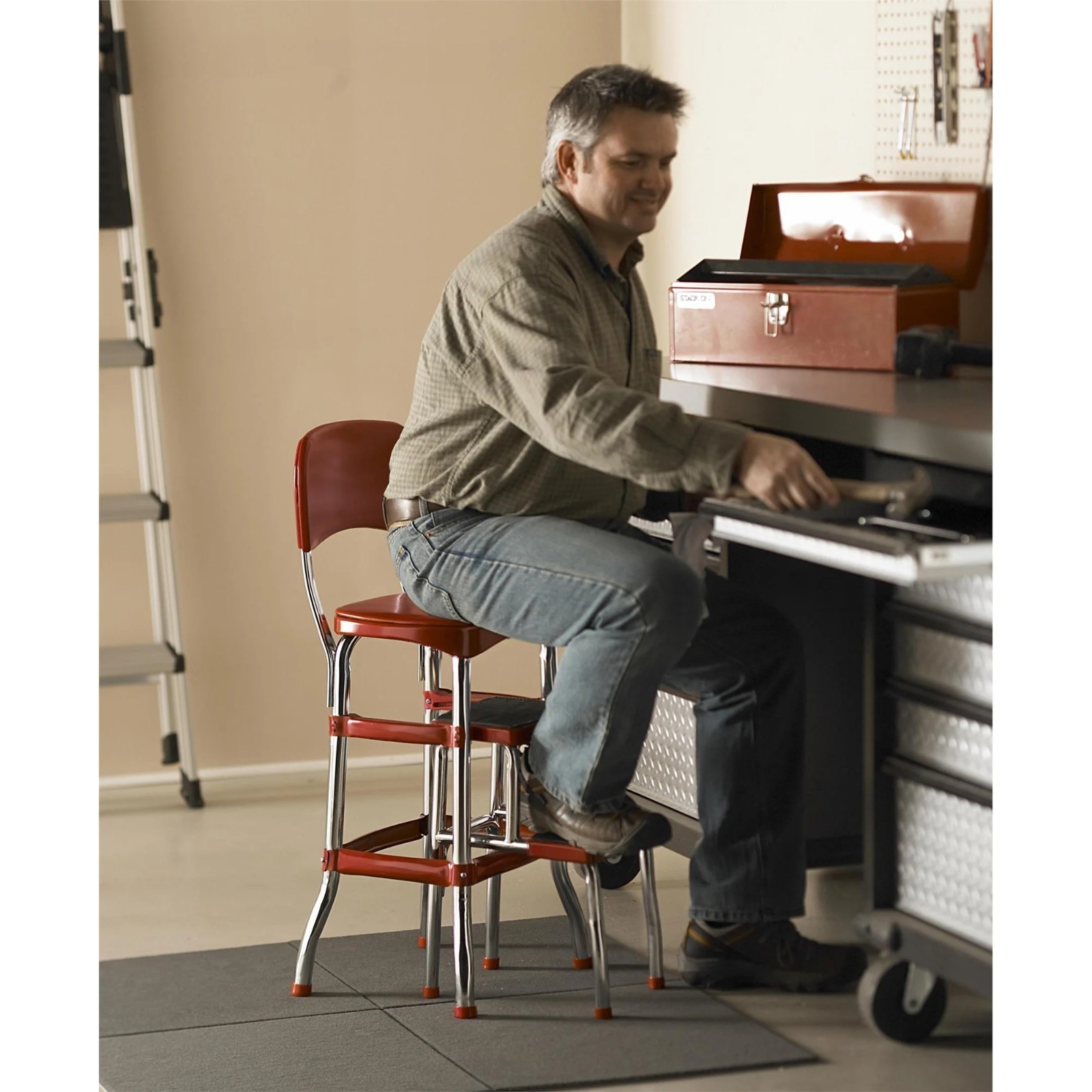 NEW! COSCO Stylaire Retro Chair + 2-Step Steel Step Stool w/ Pull-Out Steps, Red