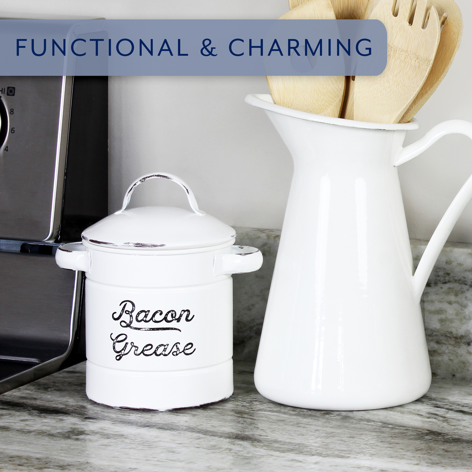 White Enamel Grease Bacon Grease Container w/Strainer Farmhouse, Keto-Friendly