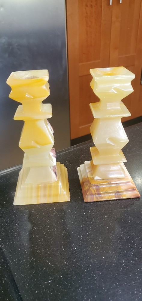 Pair Vintage Marble Stone Candlestick Holders Marble