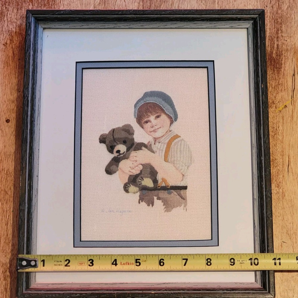 VTG Jan Hagara Boy Brian & Teddy Bear Completed Needlepoint Signed Art Framed