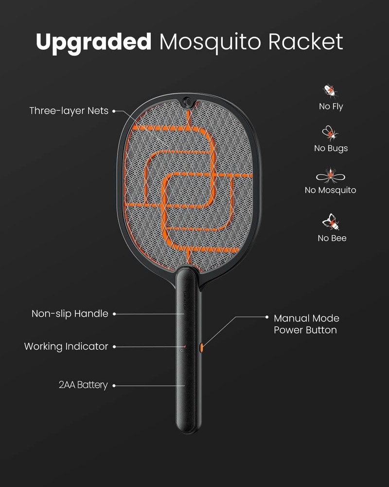 Electric Fly Swatter, 3000V Battery Powered Handheld Fly Zapper, 3-Layer Protect